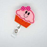 Smiling Cupcake Pink and Orange - Retractable ID - Name Badge Holder - Nurse Badge Holder - Badge Holder - Cute Badge Reel - Nursing Badge - Thumbnail 2