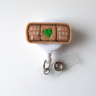 Bandaid green heart - retractable id badge reel - md badge holder - cute badge reel - nurse badge holder - nursing badge clip - felt badge