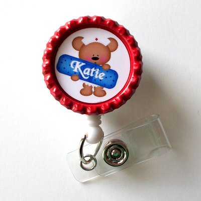 Personalized nursing bear - name badge holder - personalized id badge clip - fun id badge reel - nurse badge pull