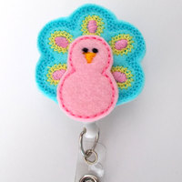 Pink and Aqua Peacock - Retractable ID Felt Badge Holder - Badge Holders - RN Badge - Nurse Badge Holder - Nursing Badge Clip - Teacher ID - Thumbnail 2