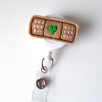 Bandaid Green Heart - Retractable ID Badge Reel - MD Badge Holder - Cute Badge Reel - Nurse Badge Holder - Nursing Badge Clip - Felt Badge - Thumbnail 1