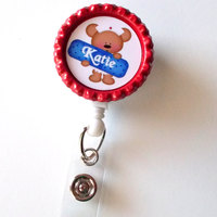 Personalized Nursing Bear - Name Badge Holder - Personalized ID Badge Clip - Fun ID Badge Reel - Nurse Badge Pull - Thumbnail 1