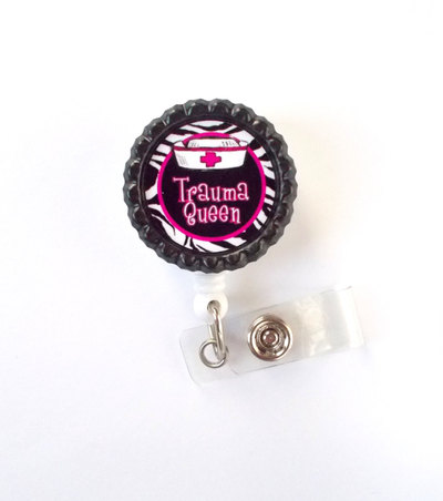 Trauma queen - name tag badge - id badge holder - badge reel - nurse id badge clip - emergency room nurse badge - trauma nurse badge