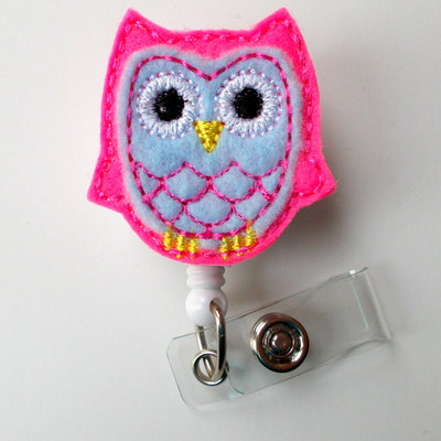 Sky blue and pink owl - retractable id felt badge holder - name badge holder - cute badge reel - teacher badge - nursing badge reel - rn