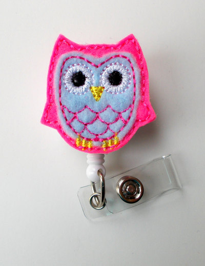 Sky blue and pink owl - retractable id felt badge holder - name badge holder - cute badge reel - teacher badge - nursing badge reel - rn