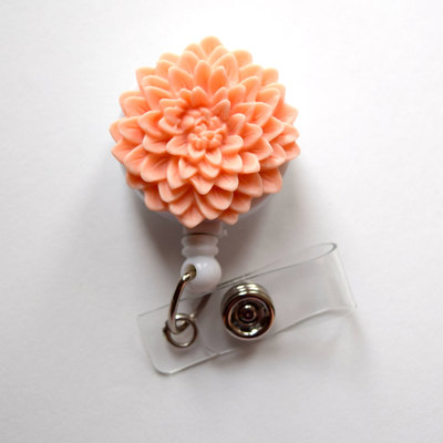 Peach chrysanthemum flower  - name badge holder - retractable id badge reel  - nurse id badge clip - flower badge holder - teacher badge