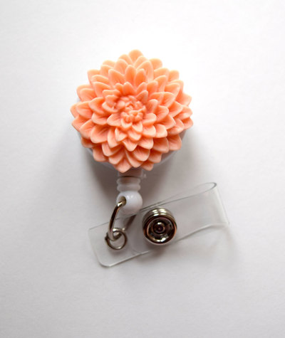 Peach chrysanthemum flower  - name badge holder - retractable id badge reel  - nurse id badge clip - flower badge holder - teacher badge
