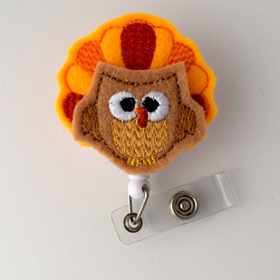 Tina the turkey - retractable id badge reel - name badge holder - unique badge reel - nurse badge holder - nursing badge clip - felt badge