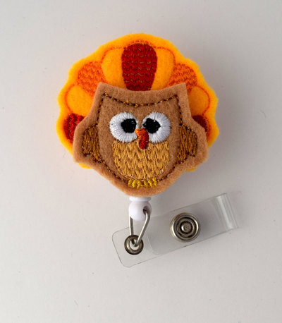 Tina the turkey - retractable id badge reel - name badge holder - unique badge reel - nurse badge holder - nursing badge clip - felt badge