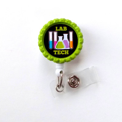 Lab tech - retractable badge reel - name badge holder - lab technician badge - laboratory technician badge - bottle cap badge reel