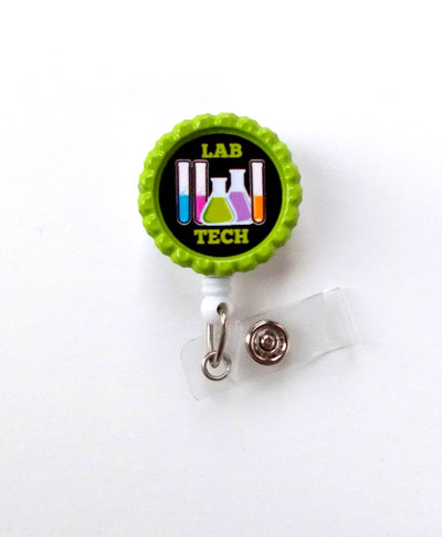 Lab tech - retractable badge reel - name badge holder - lab technician badge - laboratory technician badge - bottle cap badge reel