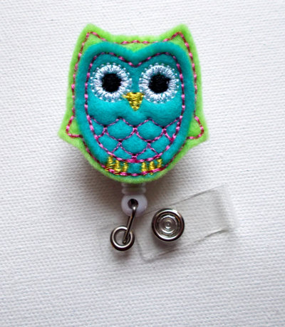 Blue and green owl - retractable id felt badge holder - name badge holder - cute badge reel