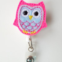 Sky Blue and Pink Owl - Retractable ID Felt Badge Holder - Name Badge Holder - Cute Badge Reel - Teacher Badge - Nursing Badge Reel - RN - Thumbnail 1