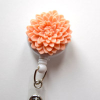 Peach Chrysanthemum Flower  - Name Badge Holder - Retractable ID Badge Reel  - Nurse ID Badge Clip - Flower Badge Holder - Teacher Badge - Thumbnail 1