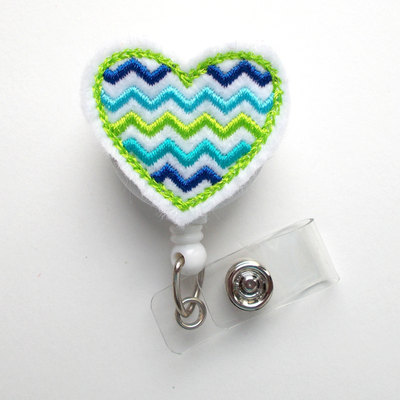 Blue and green chevron heart - retractable id badge reel - name badge holder - rn - nurse badge holder - nursing badge - teacher badge