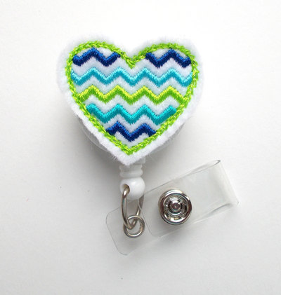 Blue and green chevron heart - retractable id badge reel - name badge holder - rn - nurse badge holder - nursing badge - teacher badge