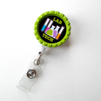 Lab Tech - Retractable Badge Reel - Name Badge Holder - Lab Technician Badge - Laboratory Technician Badge - Bottle Cap Badge Reel - Thumbnail 1