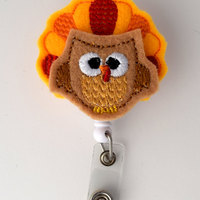Tina the Turkey - Retractable ID Badge Reel - Name Badge Holder - Unique Badge Reel - Nurse Badge Holder - Nursing Badge Clip - Felt Badge - Thumbnail 1