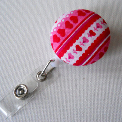 Pink and red striped hearts - retractable id badge reel - nurse badge holder - teacher badge clip - pretty id badge