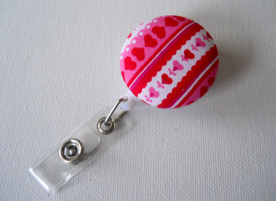 Pink and red striped hearts - retractable id badge reel - nurse badge holder - teacher badge clip - pretty id badge