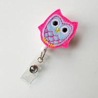 Sky Blue and Pink Owl - Retractable ID Felt Badge Holder - Name Badge Holder - Cute Badge Reel - Teacher Badge - Nursing Badge Reel - RN - Thumbnail 2