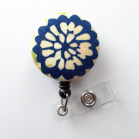 Navy and Cream Flower - ID Badge Reel - Pretty ID Badge Holder - Nursing Badge - Nurse Badge Clip - Nurses Badge Reel - Peds Badge Reel - Thumbnail 1
