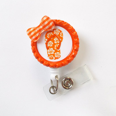 Flip flop orange - retractable id badge reel - name tag badge - cute id badge reel - nurse badge clip - pediatric badge - teacher id badge