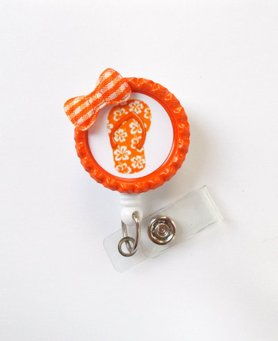 Flip flop orange - retractable id badge reel - name tag badge - cute id badge reel - nurse badge clip - pediatric badge - teacher id badge