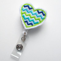 Blue and Green Chevron Heart - Retractable ID Badge Reel - Name Badge Holder - RN - Nurse Badge Holder - Nursing Badge - Teacher Badge - Thumbnail 2