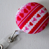 Pink and Red Striped Hearts - Retractable ID Badge Reel - Nurse Badge Holder - Teacher Badge Clip - Pretty ID Badge - Thumbnail 1