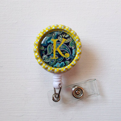 Personalized paisley blue - name badge holder - bottle cap id badge - personalized badge clip - rn badge reel
