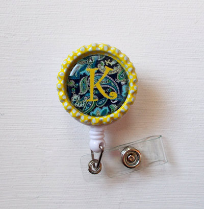 Personalized paisley blue - name badge holder - bottle cap id badge - personalized badge clip - rn badge reel