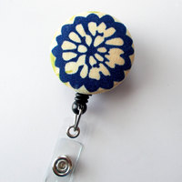 Navy and Cream Flower - ID Badge Reel - Pretty ID Badge Holder - Nursing Badge - Nurse Badge Clip - Nurses Badge Reel - Peds Badge Reel - Thumbnail 2