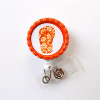Flip Flop Orange - Retractable ID Badge Reel - Name Tag Badge - Cute ID Badge Reel - Nurse Badge Clip - Pediatric Badge - Teacher ID Badge - Thumbnail 1