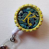 Personalized Paisley Blue - Name Badge Holder - Bottle Cap ID Badge - Personalized Badge Clip - RN Badge Reel - Thumbnail 1