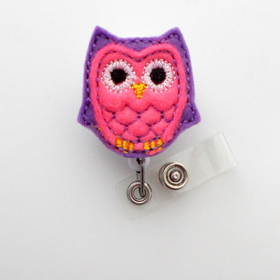 Pink and purple owl - retractable badge reel - name badge holder - cute badge reel - nurse badge holder - nursing badge clip - felt badge