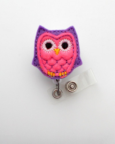 Pink and purple owl - retractable badge reel - name badge holder - cute badge reel - nurse badge holder - nursing badge clip - felt badge