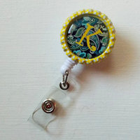 Personalized Paisley Blue - Name Badge Holder - Bottle Cap ID Badge - Personalized Badge Clip - RN Badge Reel - Thumbnail 2