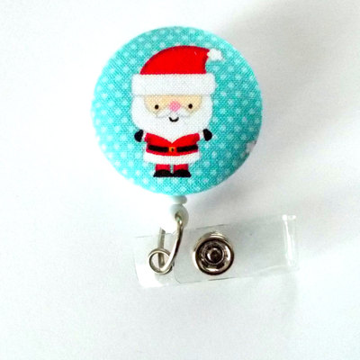 Santa claus fabric button badge - retractable id badge reel - holiday badge holder - teacher gift - nursing badge - name badge holder - rn