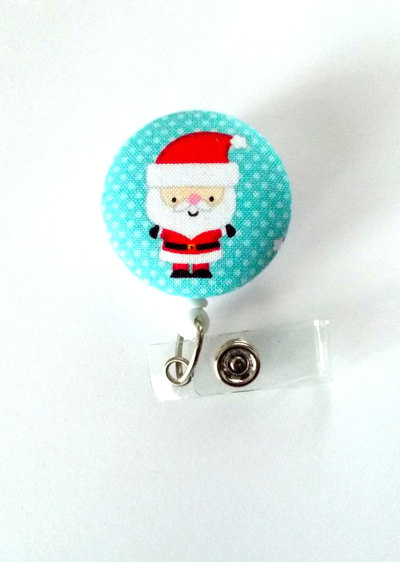 Santa claus fabric button badge - retractable id badge reel - holiday badge holder - teacher gift - nursing badge - name badge holder - rn