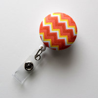 Orange and Yellow Chevron Stripe - Retractable ID Badge Holder - Cute ID Badge Reel - Name Tag Holder - Nursing Badge Clip - Thumbnail 1