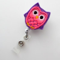 Pink and Purple Owl - Retractable Badge Reel - Name Badge Holder - Cute Badge Reel - Nurse Badge Holder - Nursing Badge Clip - Felt Badge - Thumbnail 1