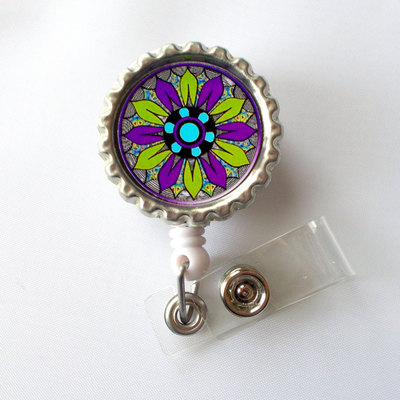 Funky flower purple and green - flower badge holder -  nursing badge holder - id badge reel - nurse id badge clip