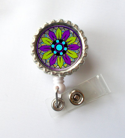 Funky flower purple and green - flower badge holder -  nursing badge holder - id badge reel - nurse id badge clip