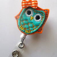 Orange and Turquoise Owl with Bow - Retractable Felt Badge Holder - Name Badge Holder - Peds Badge Reel - Nursing Badge - Nurse Badge Holder - Thumbnail 2