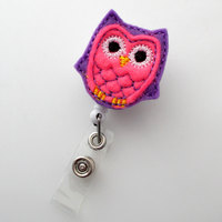 Pink and Purple Owl - Retractable Badge Reel - Name Badge Holder - Cute Badge Reel - Nurse Badge Holder - Nursing Badge Clip - Felt Badge - Thumbnail 2