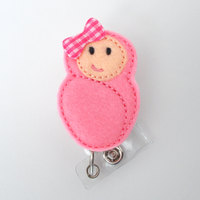 Baby with Bow Felt Badge (Fair Skin Tone) - Retractable Badge Reel - Name Badge Holder - PICU - Nurse Badge Holder - Nursing Badge Clip - RN - Thumbnail 1
