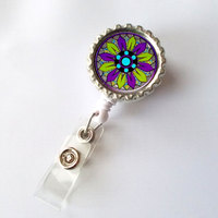 Funky Flower Purple and Green - Flower Badge Holder -  Nursing Badge Holder - ID Badge Reel - Nurse ID Badge Clip - Thumbnail 1