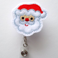 Santa Claus Curly Hair - Retractable ID Felt Badge Holder - Christmas Badge Reel - Nurses Badge Holder - Medical Badge - Teacher Badge - Thumbnail 1