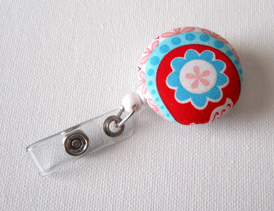 Blue and red flower - id badge reel - name badge holder - flower badge reel - fabric button badge holder